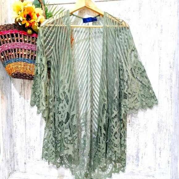 Women's Kimono Cardigan Size Small Olive Green Lace Relaxed Fit Whimsical Flowy - Picture 14 of 14